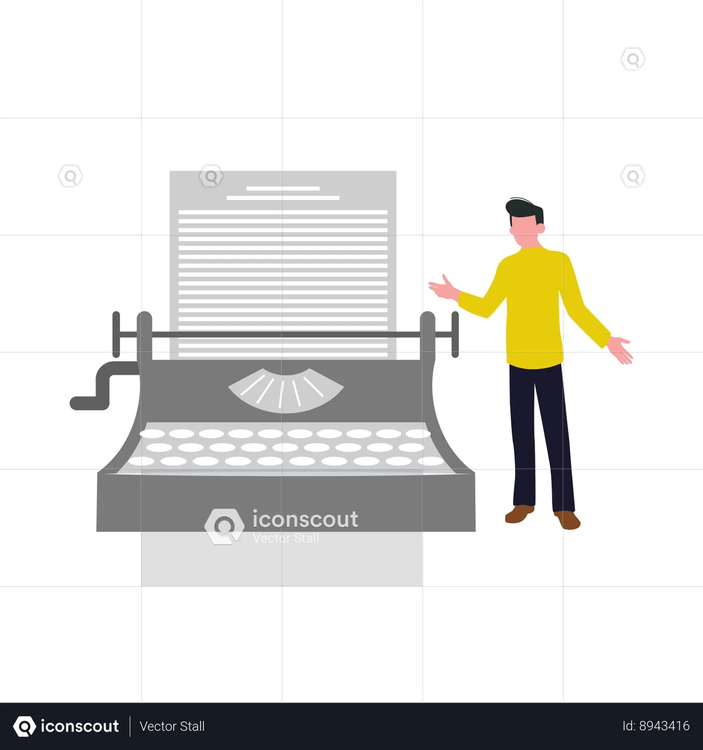 Boy showing typewriter Animated Illustration download in JSON, LOTTIE
