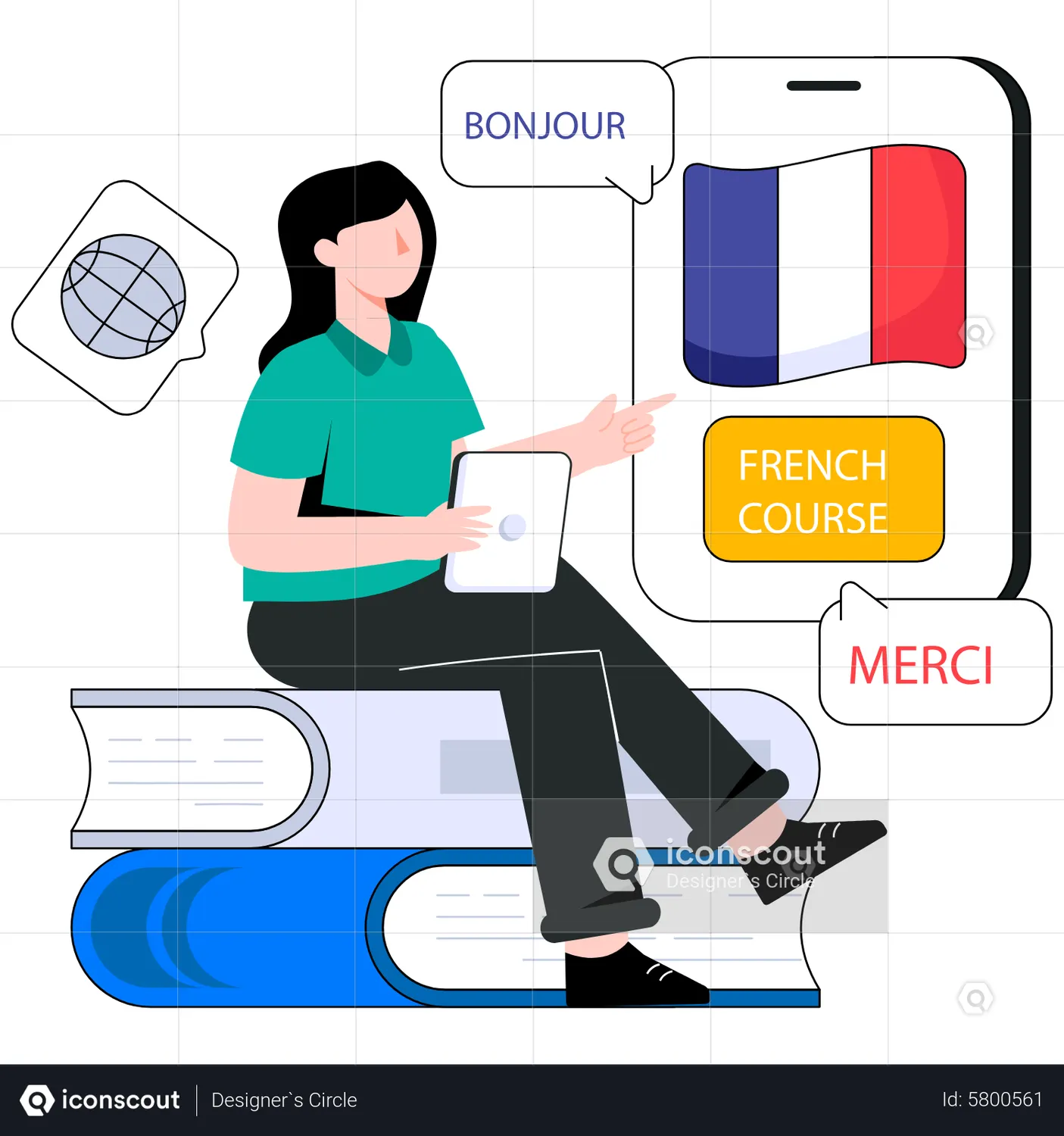 Girl learning french from online course Animated Illustration download ...