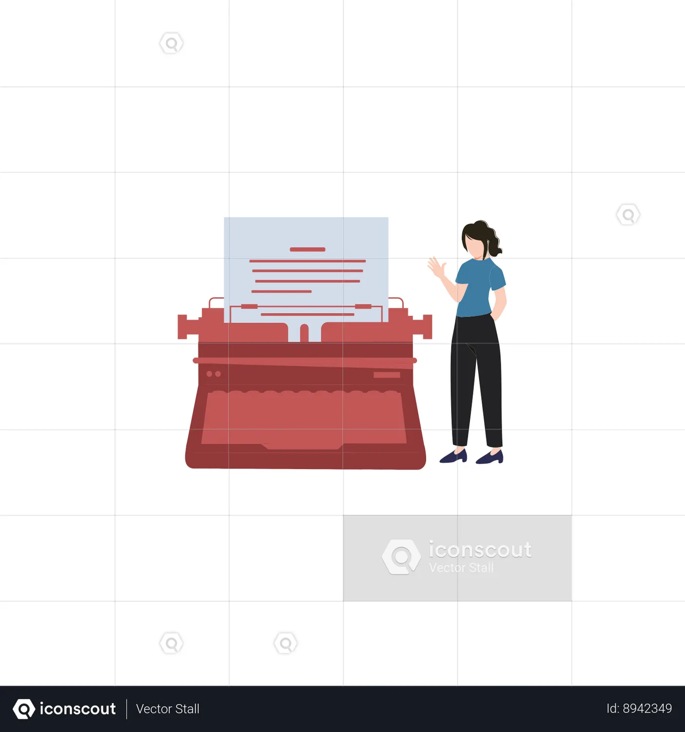 Girl Looks At A Typewriter Animated Illustration download in JSON