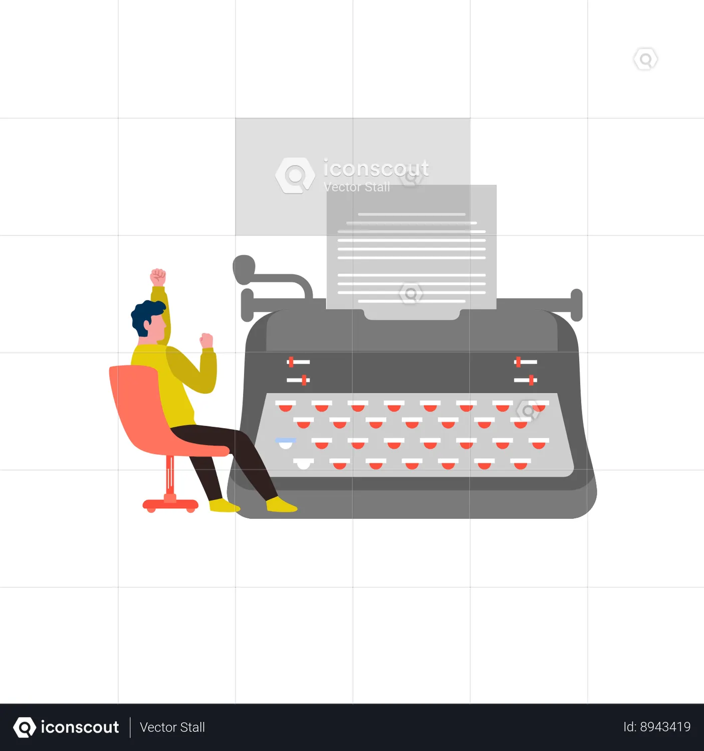 Man typing with typewriter Animated Illustration download in JSON