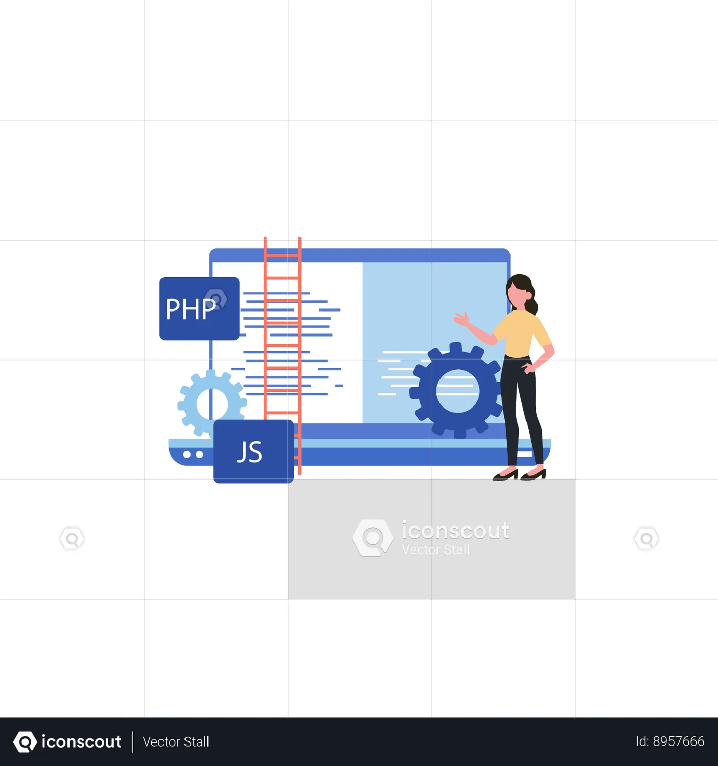 Woman doing PHP and JS coding Animated Illustration download in JSON ...