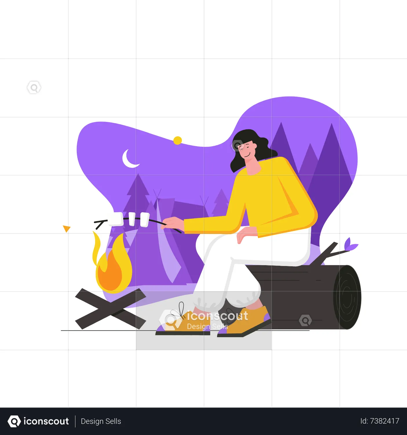 Woman roasting marshmallows on campfire Animated Illustration download