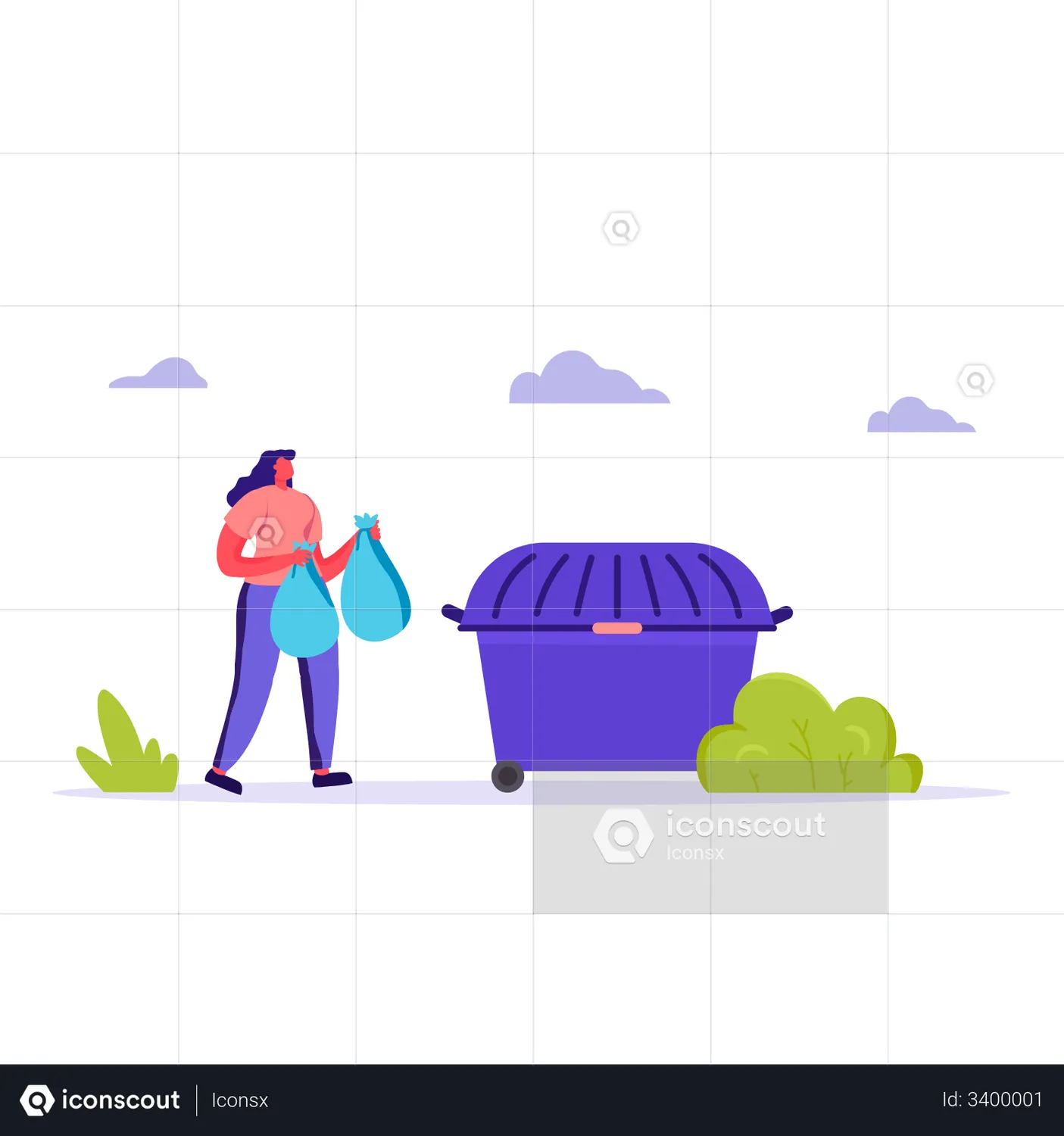 Woman throwing rubbish bag in dustbin Animated Icon download in JSON ...