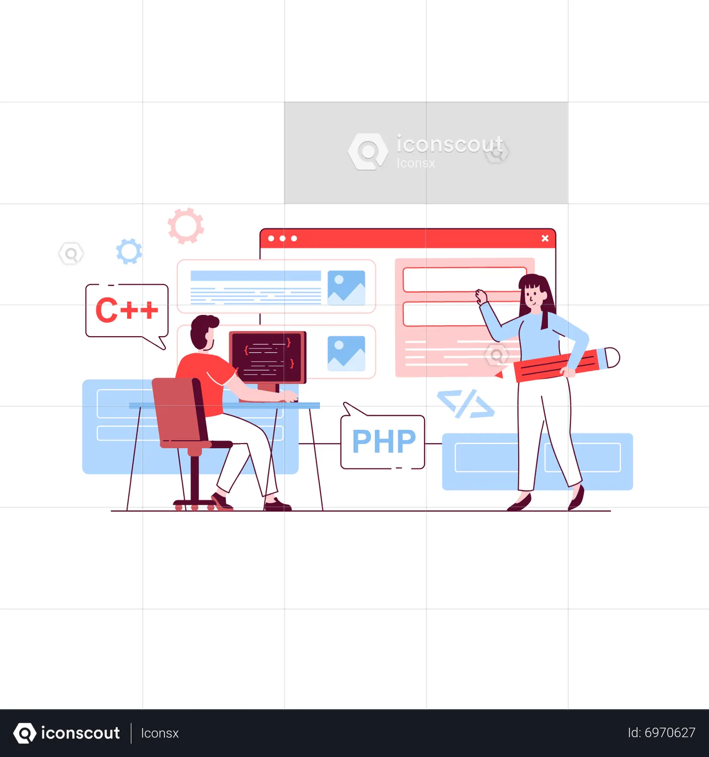 Young Woman And Man Working On Php Code Development Animation - Free ...